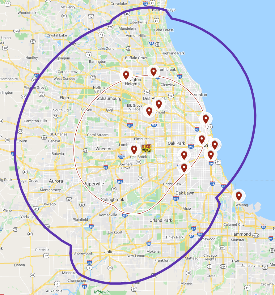 AM 1530 WCKG Elmhurst Chicago Daytime Coverage Map